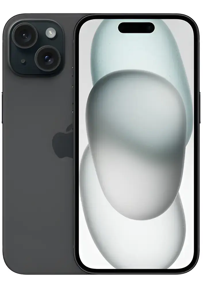 iPhone negro visto por detrás con dos cámaras en diagonal, junto a otro de frente con la pantalla en formas curvas blancas y verdes