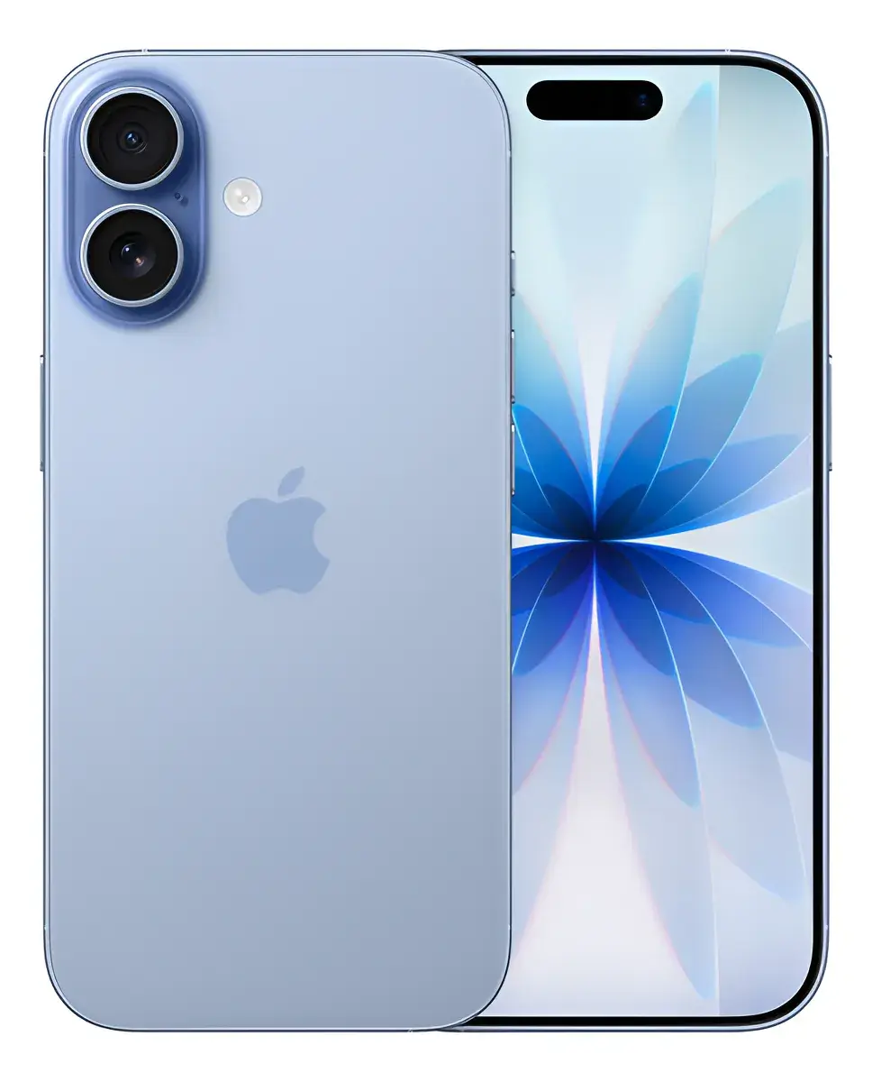 iPhone celeste visto por detrás con dos cámaras en una franja vertical, junto a otro de frente con la pantalla en una flor azul