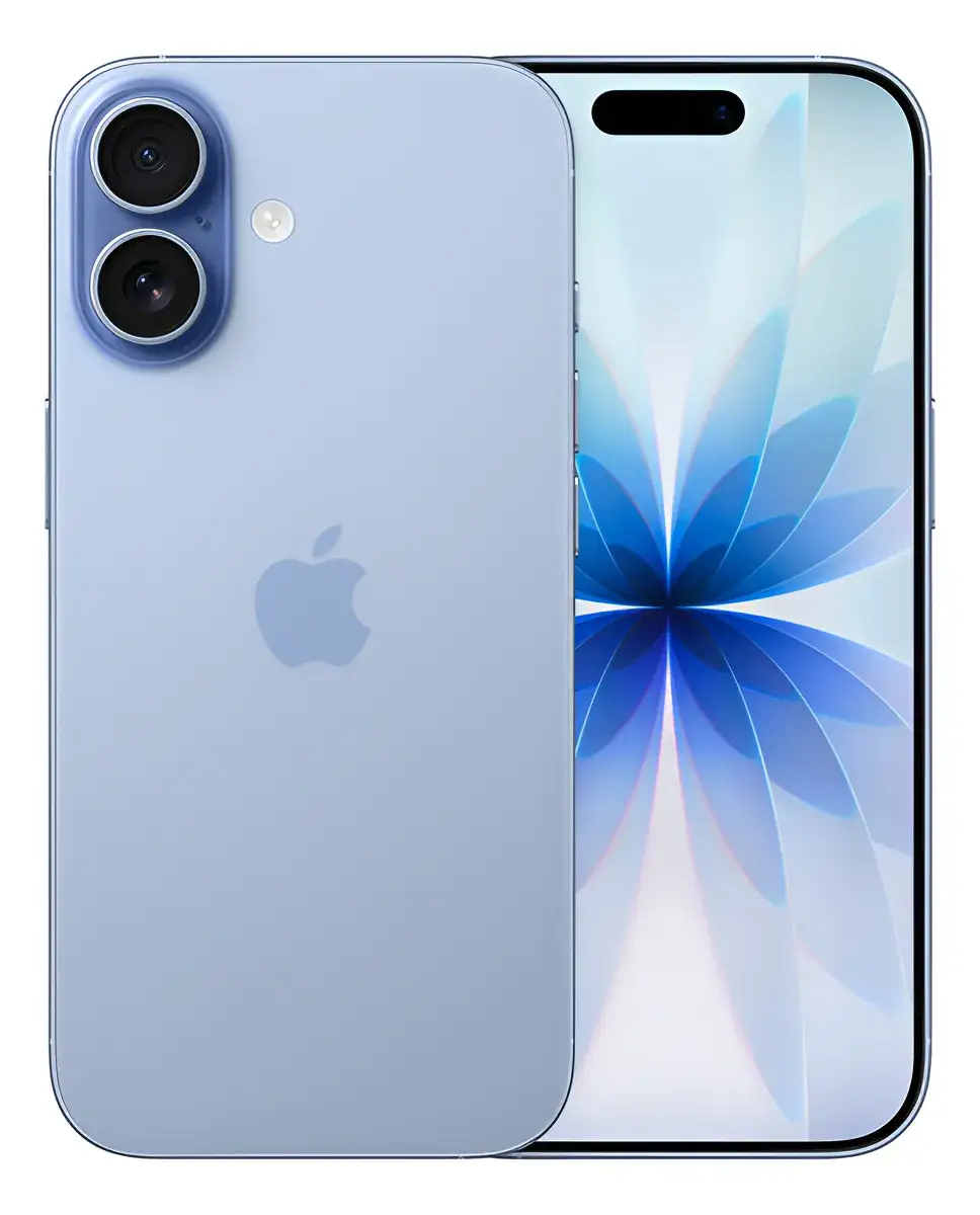 iPhone celeste visto por detrás con dos cámaras en una franja vertical, junto a otro de frente con la pantalla en una flor azul