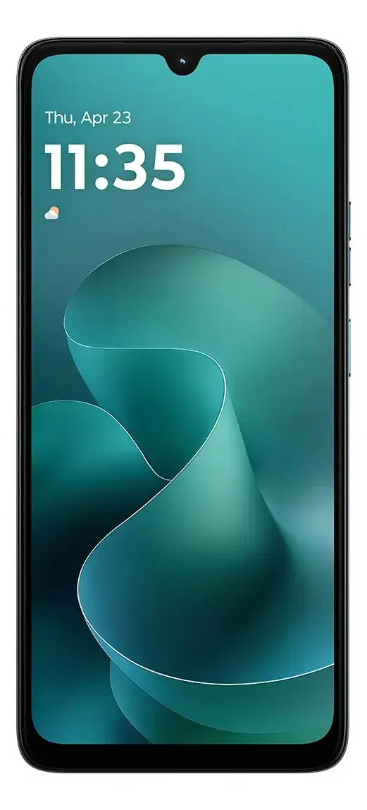 Celular Motorola de frente, negro con la pantalla encendida en un fondo verde azulado con ondas y la hora 11:35