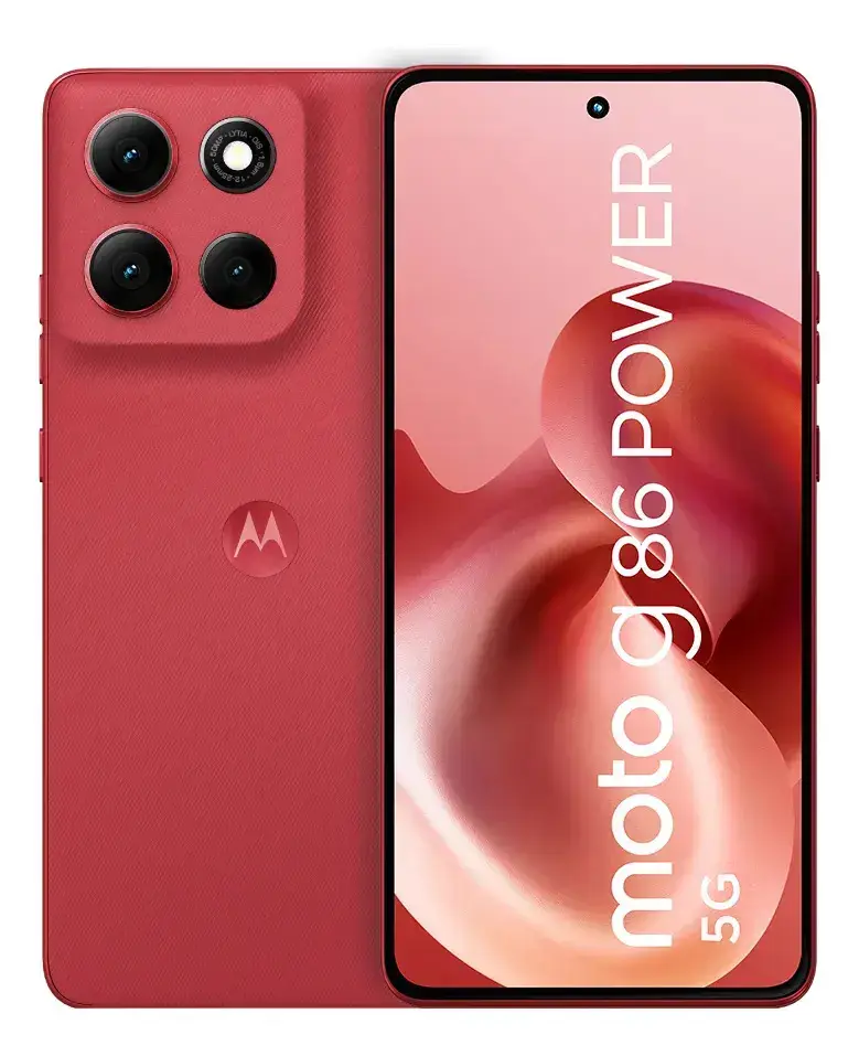 Celular Motorola rojo visto por detrás con tres cámaras en un módulo cuadrado, junto a otro de frente con la pantalla roja y el texto moto g86 power 5G