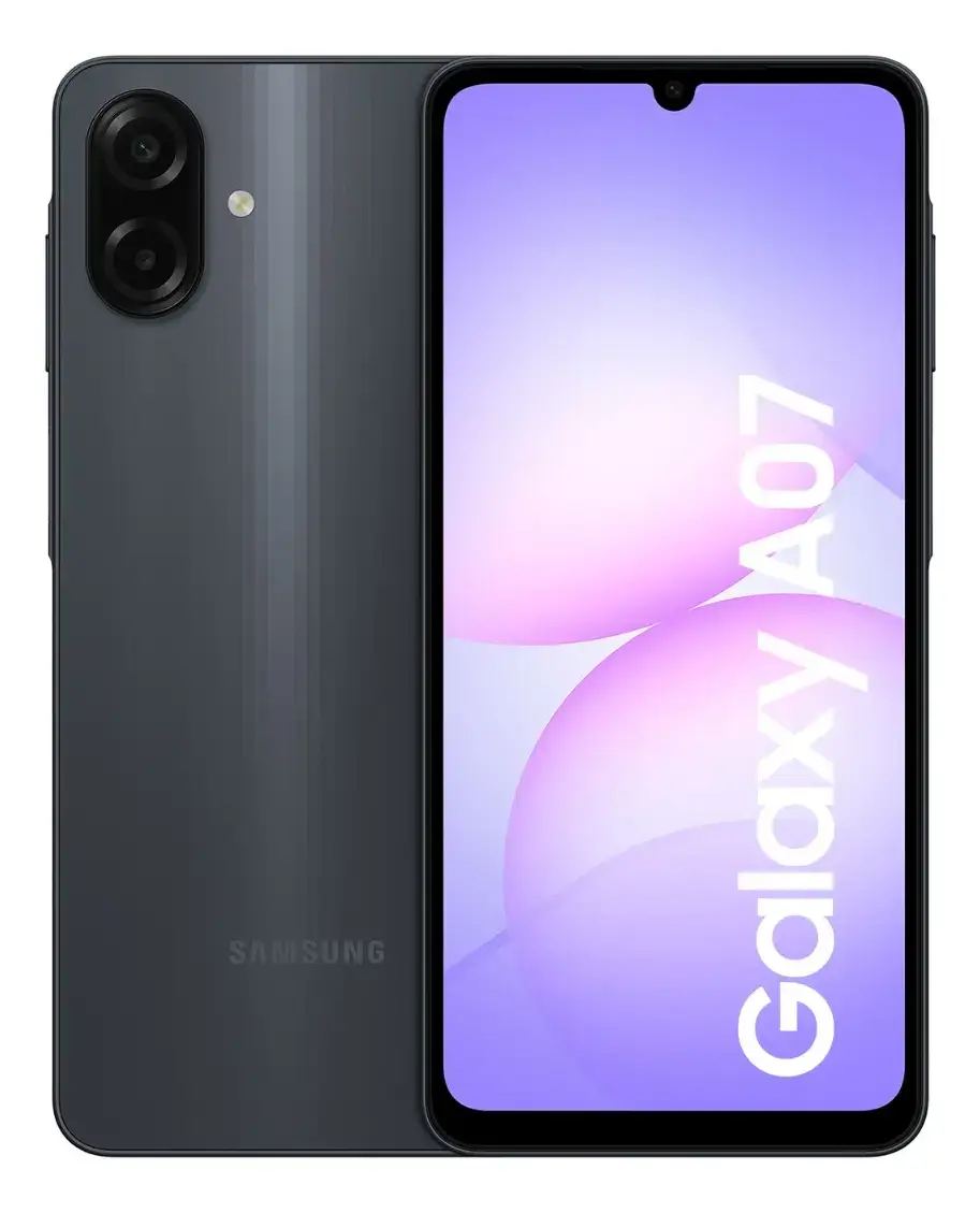Celular Samsung gris visto por detrás con dos cámaras en columna, junto a otro de frente con la pantalla morada y el texto Galaxy A07