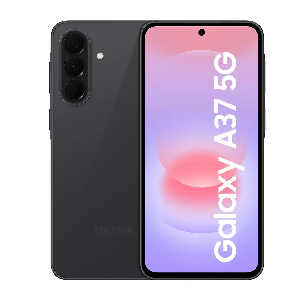 Celular Samsung gris oscuro visto por detrás con tres cámaras en columna, junto a otro de frente con la pantalla rosada y el texto Galaxy A37 5G