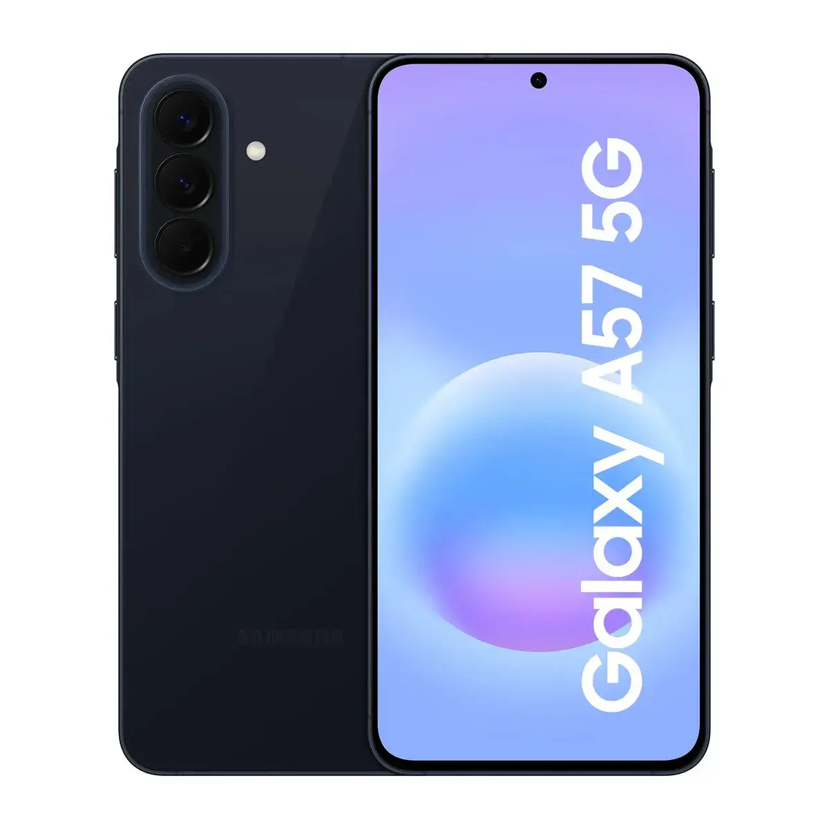 Celular Samsung azul muy oscuro visto por detrás con tres cámaras en columna, junto a otro de frente con la pantalla lila y el texto Galaxy A57 5G
