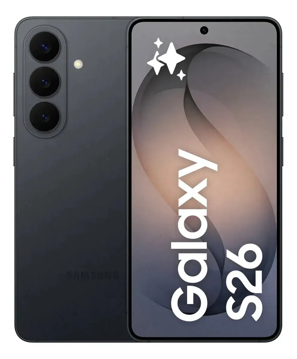 Celular Samsung negro visto por detrás con tres cámaras en columna, junto a otro de frente con la pantalla gris y el texto Galaxy S26