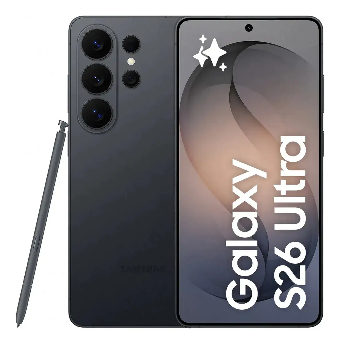 Celular Samsung negro visto por detrás con su bloque de cámaras y un lápiz al lado, junto a otro de frente con la pantalla gris y el texto Galaxy S26 Ultra