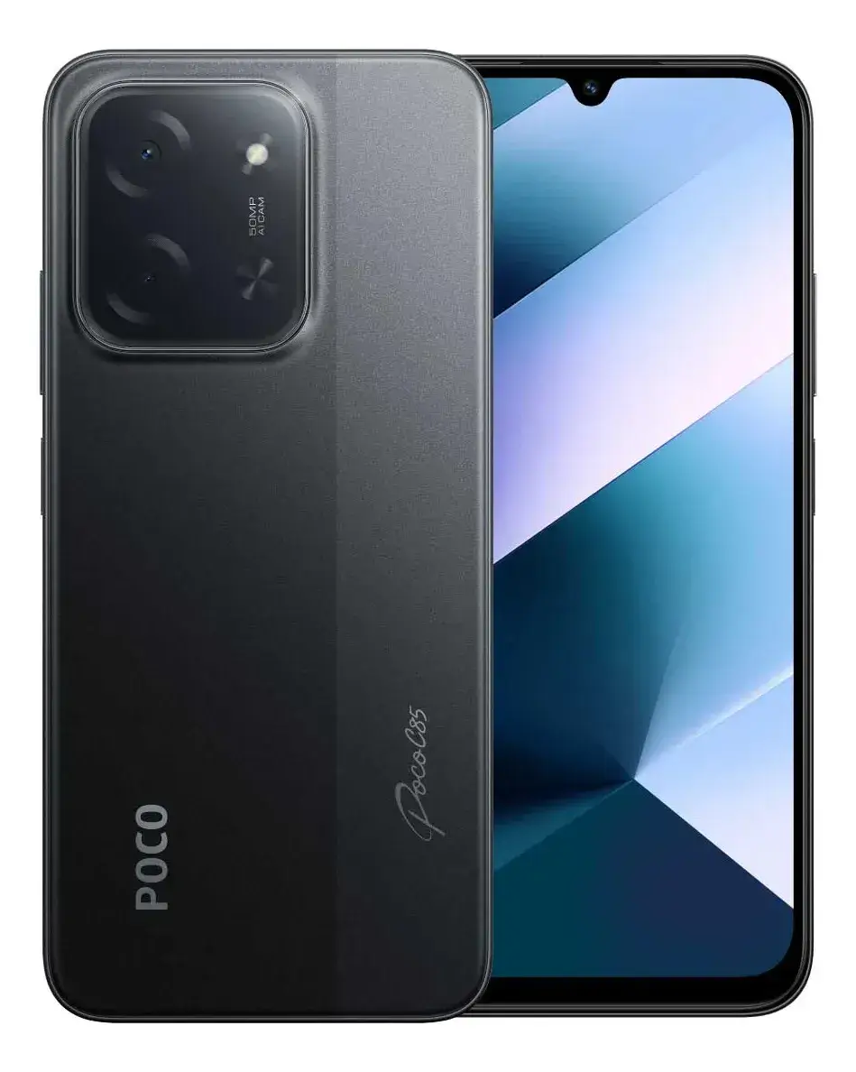 Celular Poco negro visto por detrás, con un módulo de cámara cuadrado arriba a la izquierda, y detrás otro igual de frente con la pantalla encendida en tonos azules