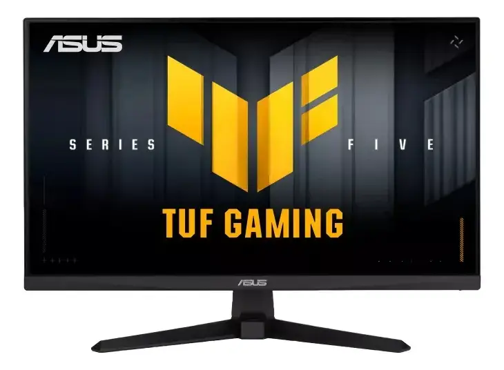 Monitor Asus TUF Gaming negro de frente, con el logo TUF amarillo y las palabras Series Five y TUF Gaming sobre fondo oscuro en la pantalla; pie de dos patas en V