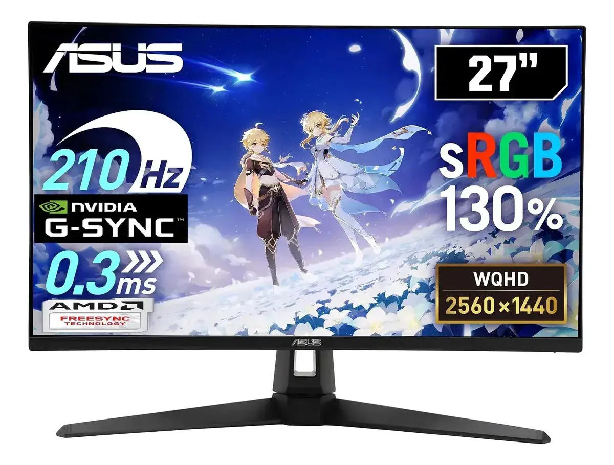 Monitor Asus negro de frente, con dos personajes de animé sobre un campo de flores y la luna en la pantalla, y sellos de 27 pulgadas, 210 Hz, NVIDIA G-SYNC, 0,3 ms, AMD FreeSync, sRGB 130% y WQHD 2560 x 1440; pie de dos patas