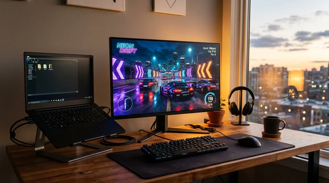 Escritorio de madera frente a una ventana al atardecer con edificios de fondo: un monitor muestra un juego de carreras nocturno llamado Neon Drift, con autos en una pista iluminada por flechas de neón; a la izquierda, un notebook sin logos sobre un soporte de aluminio conectado por cable, y adelante un teclado y un mouse negros sobre una alfombrilla; a la derecha, audífonos en su soporte, una planta y una taza