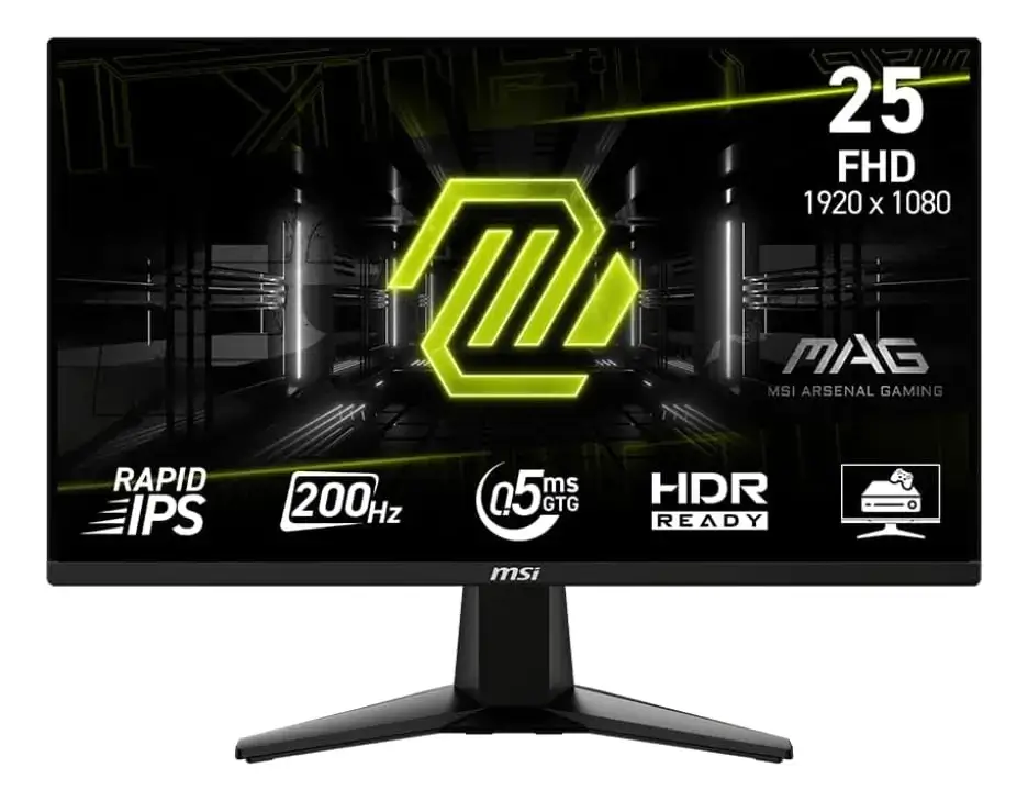 Monitor MSI negro de frente con el logo MAG verde fosforescente en la pantalla, textos de 25 pulgadas, FHD 1920 x 1080 y MSI Arsenal Gaming, y sellos de Rapid IPS, 200 Hz, 0,5 ms GTG y HDR Ready; pie de tres patas