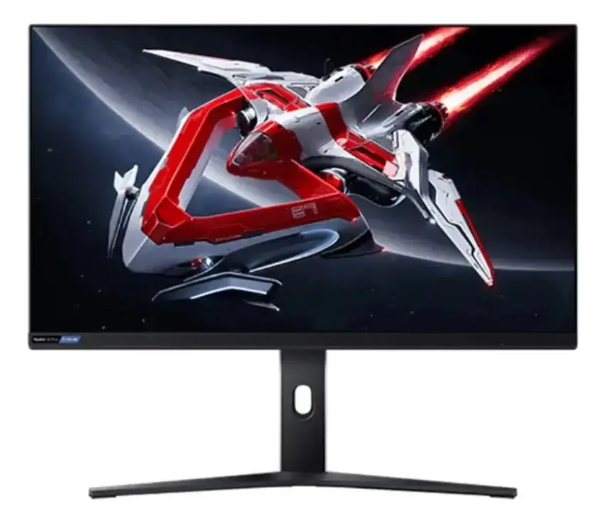 Monitor negro de frente con una nave espacial roja y blanca disparando sobre un planeta en la pantalla; pie de columna con un orificio y base de dos patas