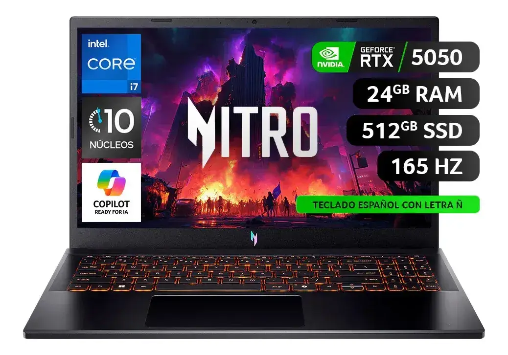 Notebook Acer Nitro negro de frente con el teclado iluminado en naranjo; la pantalla muestra una ilustración de una ciudad en llamas con la palabra NITRO, y sellos de Intel Core i7 de 10 núcleos, Copilot, GeForce RTX 5050, 24 GB de RAM, 512 GB SSD, 165 Hz y teclado español con letra ñ