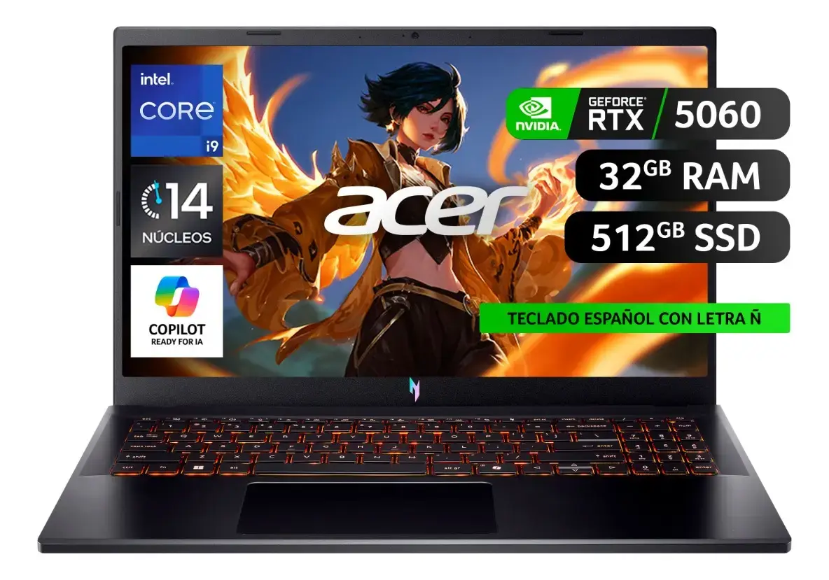 Notebook Acer Nitro negro de frente con el teclado iluminado en naranjo; la pantalla muestra la ilustración de una mujer de chaqueta dorada con alas de fuego, la palabra acer y sellos de Intel Core i9 de 14 núcleos, Copilot, GeForce RTX 5060, 32 GB de RAM, 512 GB SSD y teclado español con letra ñ
