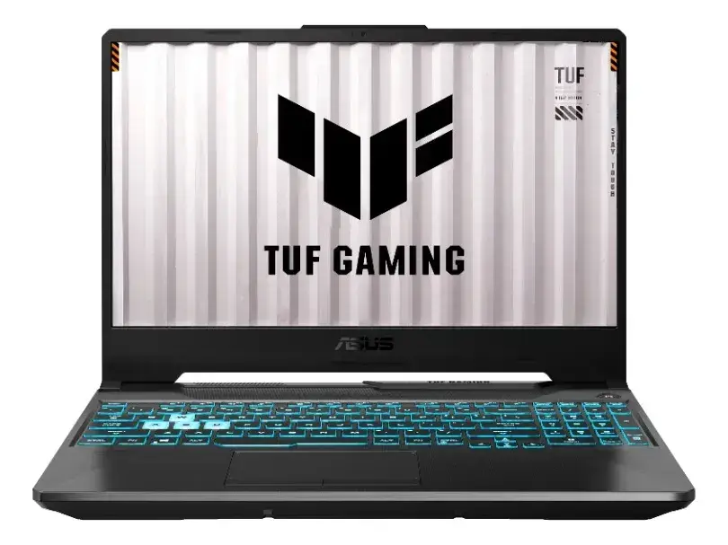 Notebook Asus TUF Gaming gris oscuro de frente, con el teclado iluminado en celeste y la pantalla mostrando el logo TUF y la palabra TUF GAMING en negro sobre un fondo gris claro de metal acanalado, sobre fondo blanco