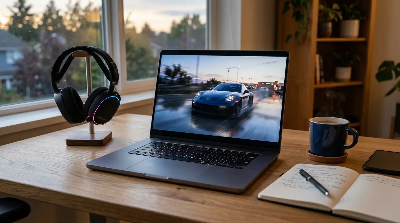 Notebook gris sin logos sobre un escritorio de madera frente a una ventana al atardecer, con un auto deportivo oscuro corriendo sobre una pista mojada en la pantalla; a la izquierda, audífonos negros con un anillo de luz de colores en su soporte, y a la derecha una taza azul, un celular boca abajo y un cuaderno abierto con un lápiz