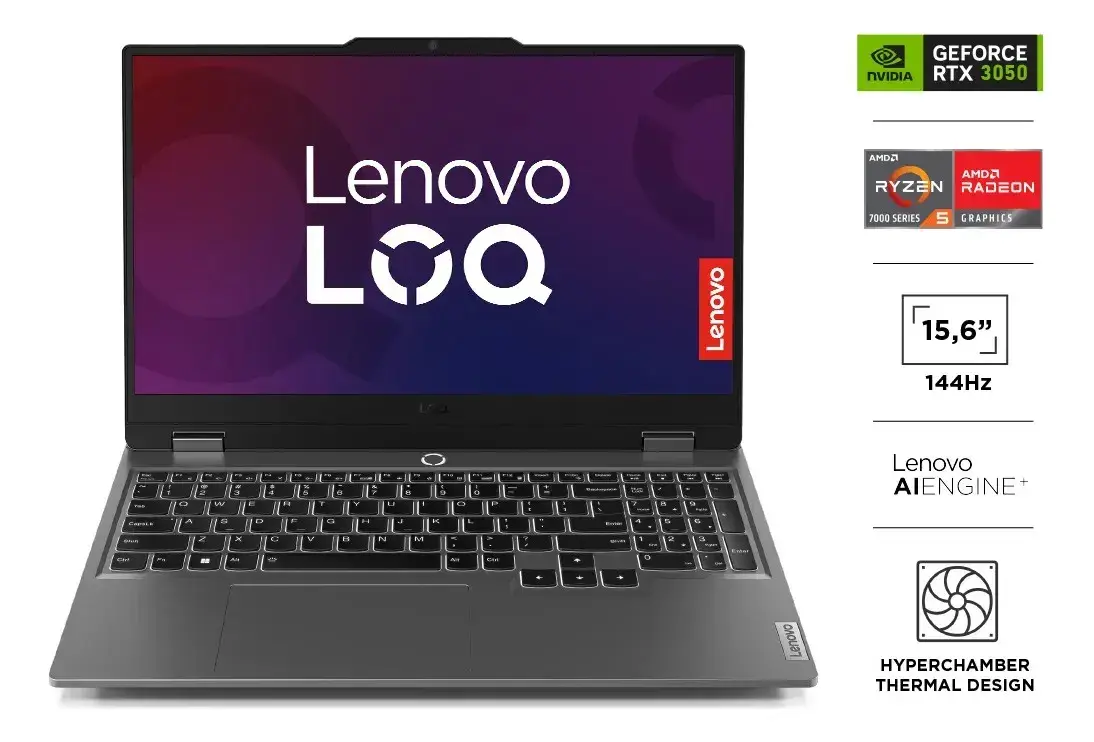 Notebook Lenovo LOQ gris oscuro de frente, con la pantalla morada que dice Lenovo LOQ y una etiqueta roja de Lenovo; a la derecha, sellos de GeForce RTX 3050, AMD Ryzen 5 serie 7000, pantalla de 15,6 pulgadas y 144 Hz, Lenovo AI Engine+ y diseño térmico Hyperchamber