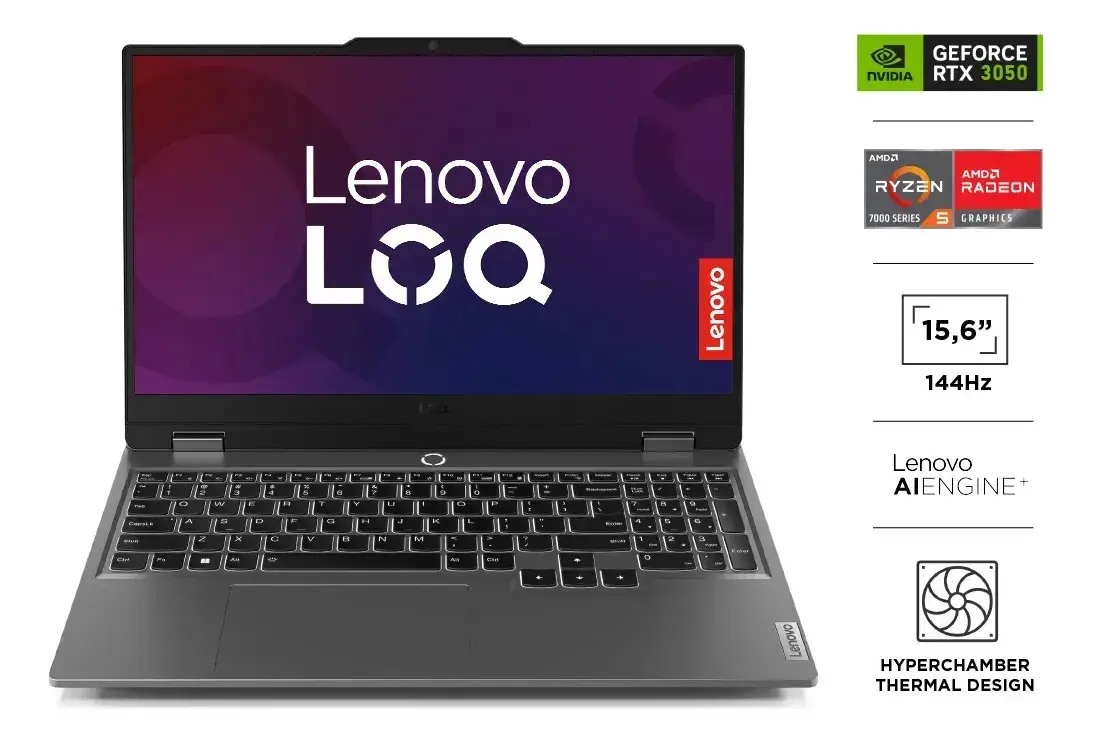 Notebook Lenovo LOQ gris oscuro de frente, con la pantalla morada que dice Lenovo LOQ y una etiqueta roja de Lenovo; a la derecha, sellos de GeForce RTX 3050, AMD Ryzen 5 serie 7000, pantalla de 15,6 pulgadas y 144 Hz, Lenovo AI Engine+ y diseño térmico Hyperchamber