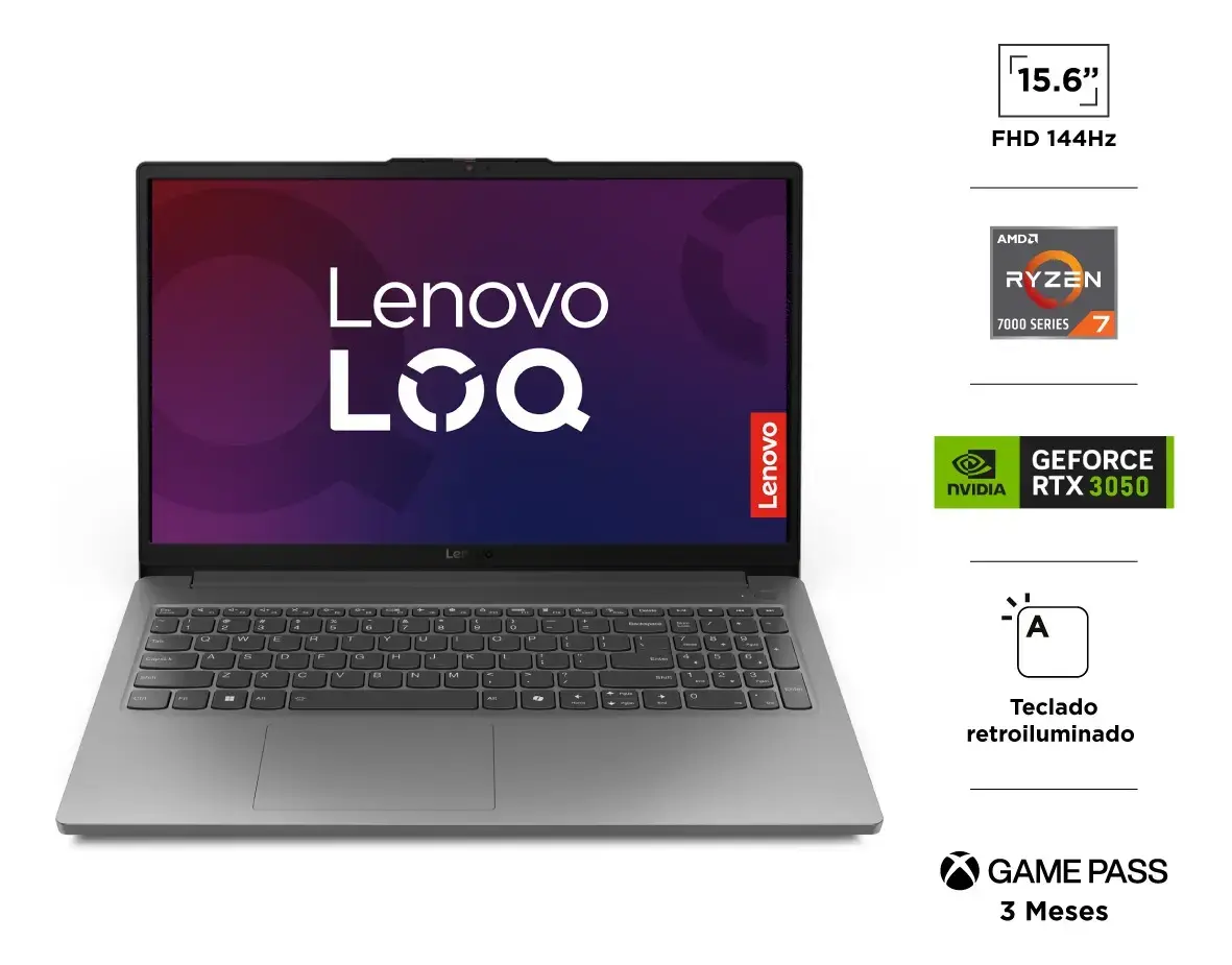 Notebook Lenovo LOQ gris claro de frente, con la pantalla morada que dice Lenovo LOQ; a la derecha, sellos de pantalla de 15,6 pulgadas FHD 144 Hz, AMD Ryzen 7 serie 7000, GeForce RTX 3050, teclado retroiluminado y tres meses de Xbox Game Pass
