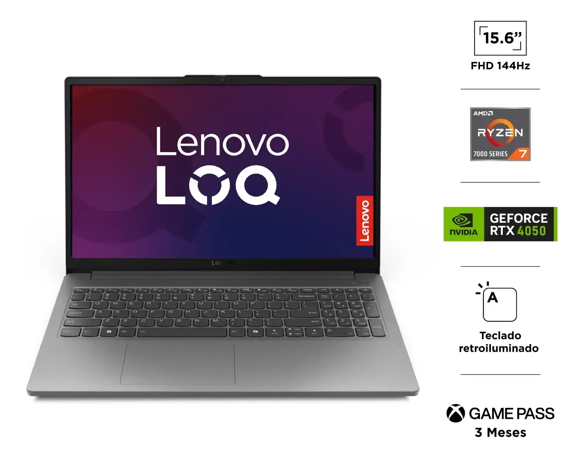 Notebook Lenovo LOQ gris claro de frente, con la pantalla morada que dice Lenovo LOQ; a la derecha, sellos de pantalla de 15,6 pulgadas FHD 144 Hz, AMD Ryzen 7 serie 7000, GeForce RTX 4050, teclado retroiluminado y tres meses de Xbox Game Pass