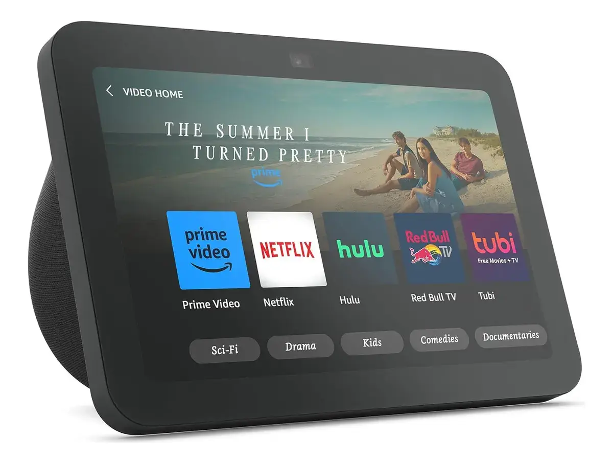 Pantalla inteligente negra de 8 pulgadas vista de lado, con la pantalla mostrando íconos de aplicaciones de video y la parte de atrás forrada en tela