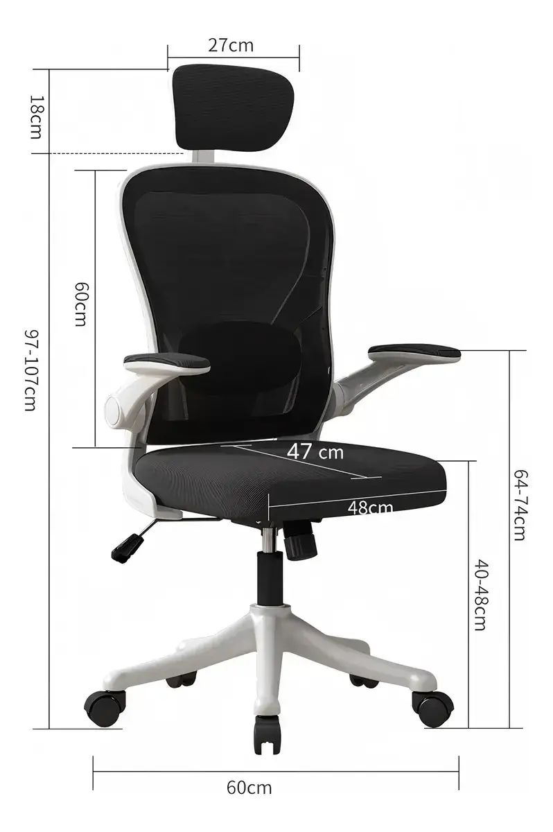 Esquema acotado de una silla de escritorio de armazón blanco y malla negra: apoyacabezas de 18 cm, respaldo de 60 cm, asiento de 48 por 47 cm regulable entre 40 y 48 cm del piso y altura total de 97 a 107 cm