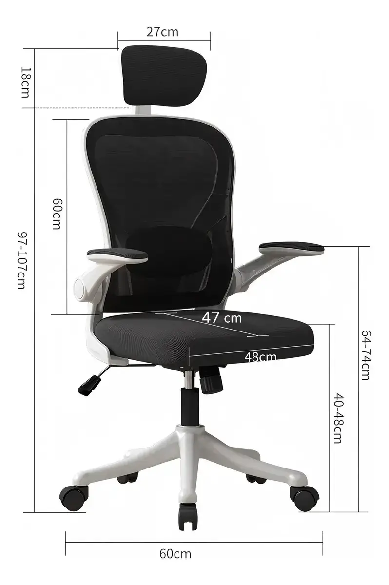 Esquema acotado de una silla de escritorio de armazón blanco y malla negra: apoyacabezas de 18 cm, respaldo de 60 cm, asiento de 48 por 47 cm regulable entre 40 y 48 cm del piso y altura total de 97 a 107 cm