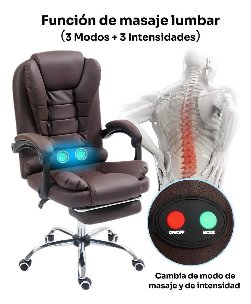 Silla ejecutiva café de cuero sintético acolchado con apoyabrazos negros y base cromada, sobre una imagen publicitaria que anuncia función de masaje lumbar con tres modos y tres intensidades