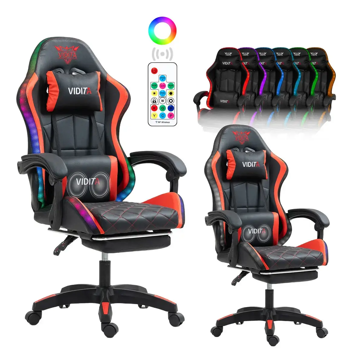 Silla gamer negra con detalles rojos y tiras de luces LED de colores en los bordes del respaldo, con control remoto, cojín masajeador y reposapiés, y una fila de la misma silla iluminada en seis colores distintos