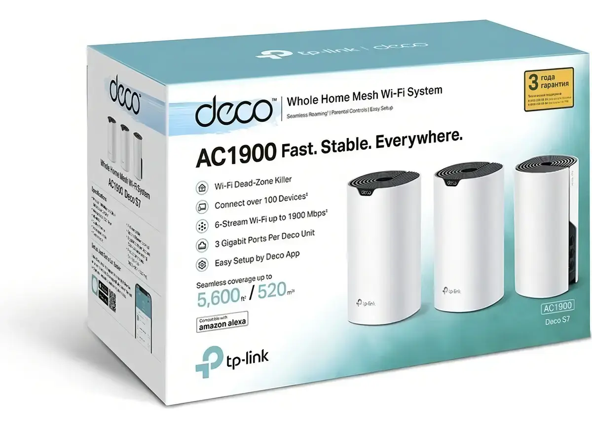 Caja del TP-Link Deco S7 con los tres nodos cilíndricos blancos de tapa negra dibujados al costado, y el texto AC1900, 3 Gigabit Ports Per Deco Unit y cobertura hasta 520 m²