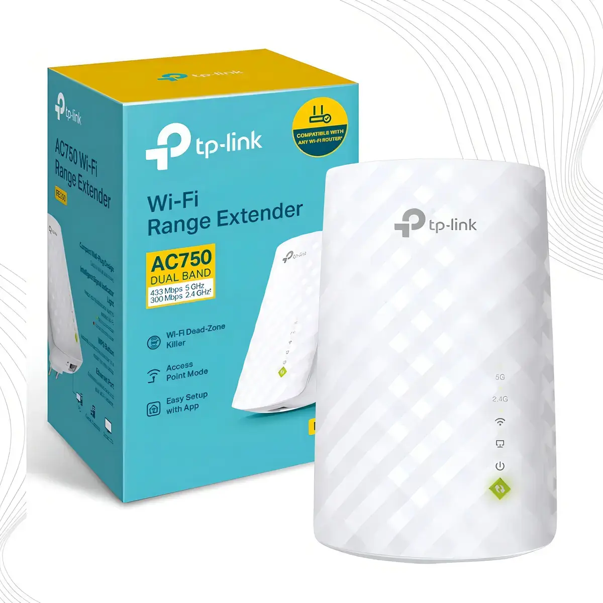 Repetidor TP-Link RE200 blanco con textura de rombos y luces de 5G y 2,4G en el costado, junto a su caja celeste que dice AC750 Dual Band, 433 Mbps 5 GHz y 300 Mbps 2,4 GHz