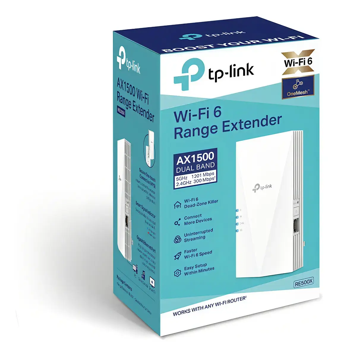 Caja del TP-Link RE500X con el repetidor blanco de muro dibujado al frente, el sello Wi-Fi 6 y OneMesh arriba, y el recuadro AX1500 Dual Band con 1201 Mbps en 5 GHz y 300 Mbps en 2,4 GHz