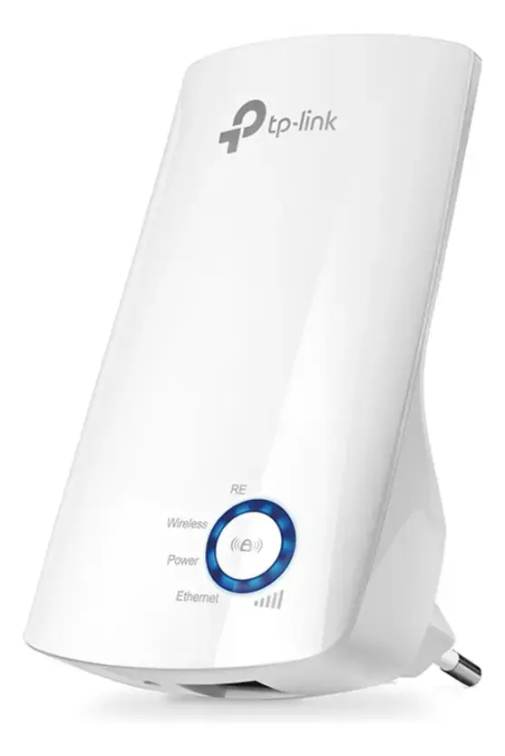 Repetidor TP-Link blanco de cuerpo curvo que se enchufa directo al muro, con el botón redondo de emparejamiento iluminado en azul y las etiquetas RE, Wireless, Power y Ethernet