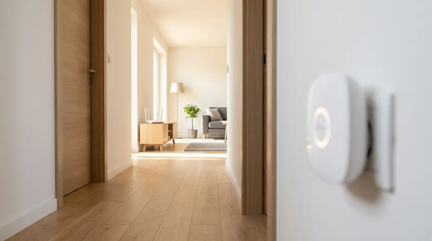 Pasillo de piso de madera clara visto desde el fondo: a la derecha y en primer plano, un repetidor wifi blanco y redondeado enchufado a la pared a media altura, y al final del pasillo el living iluminado con un router blanco de tres antenas sobre un mueble bajo